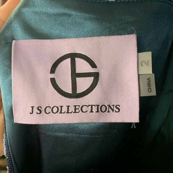 JS Collections Blue Metallic Illusion Yoke Scroll Embroidered Gown NWOT Size 2 - Picture 11 of 12